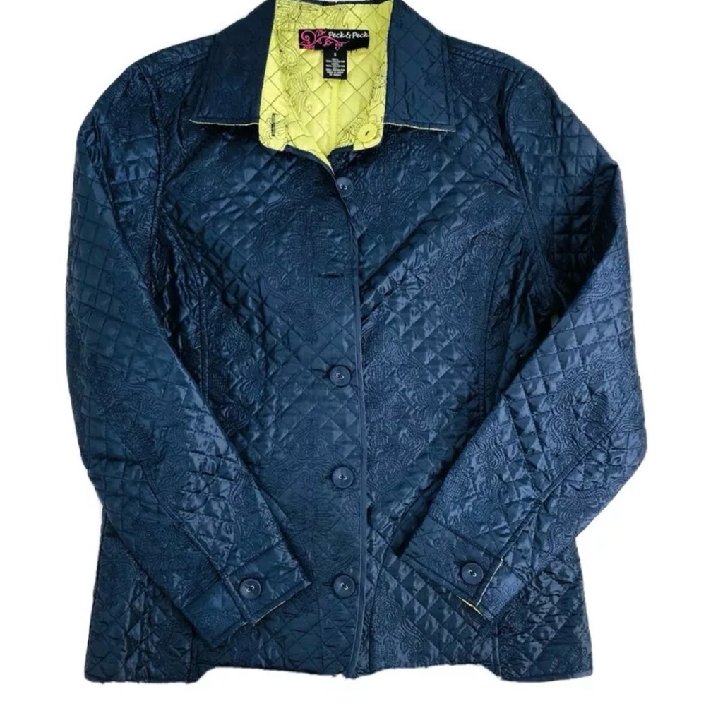 Peck & Peck Reversible Jacket Lightweight Quilted Navy Blue Green Size Small